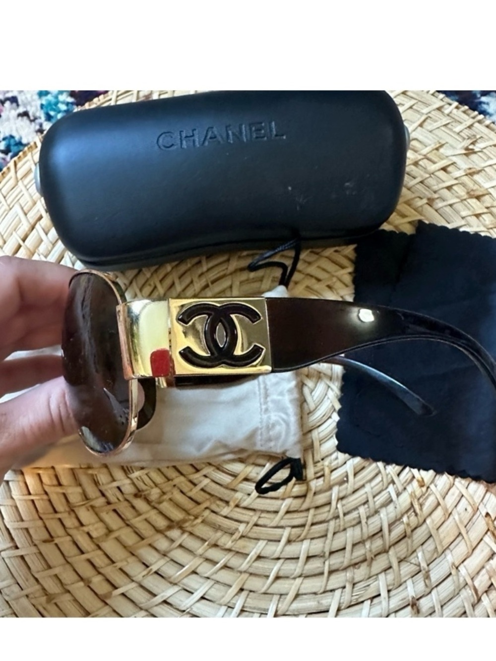 Chanel Gold Frame Logo Wrap Aviator Sunglasses With Case Y2K